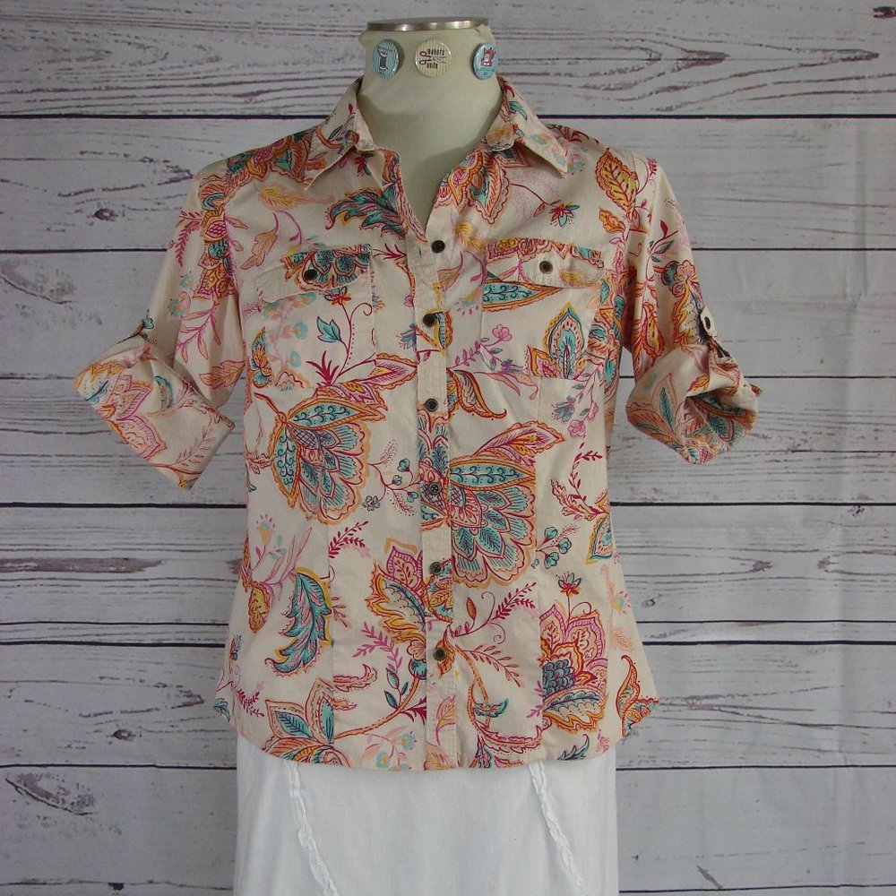 Floral Print Summer Colors 3/4 Adj Sleeve Shirt